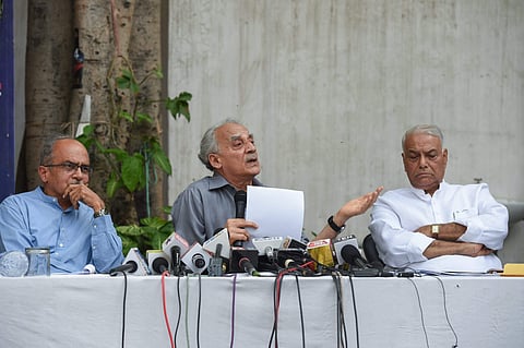 Lawyer Prashant Bhushan with former union ministers Arun Shourie and Yashwant Sinha (Photo | File/PTI)