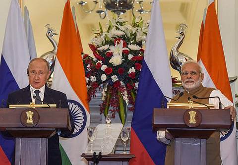 Prime Minister Narendra Modi and Russian President Vladimir Putin deliver a joint press statement at Hyderabad House in New Delhi Friday October 5 2018. | PTI