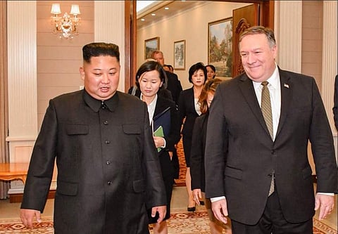 US Secretary of State Mike Pompeo (R) with  North Korean leader Kim Jong Un in Pyongyang (Photo | Twitter/Secretary Pompeo)