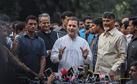 Congress President Rahul Gandhi along with Andhra Pradesh Chief Minister N Chandrababu Naidu addresses the media outside his residence at Tughlak Road in New Delhi. (Photo|PTI)