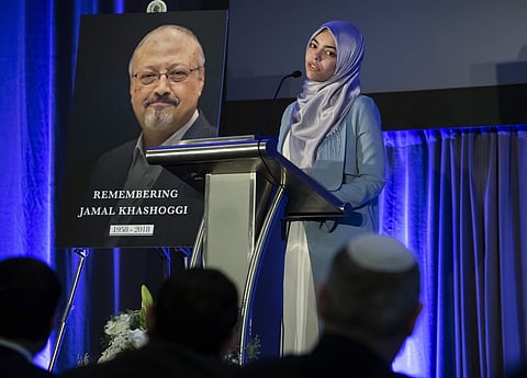 Abrar Omeish, a community activist from Fairfax County outside Washington, speaks at an event to remember Jamal Khashoggi, a columnist for The Washington Post who was killed inside the Saudi Consulate in Istanbul  | AP