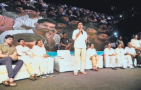 IT Minister KT Rama Rao in the caretaker government addressing a public meeting at Serilingampally Assembly constituency in Hyderabad on Saturday  | Express photo