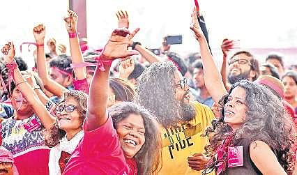 Youngsters dancing to the beats of the ‘Oorali’ band organised as part of ‘We the People’ programme held at Central Stadium in Thiruvananthapuram B P Deepu