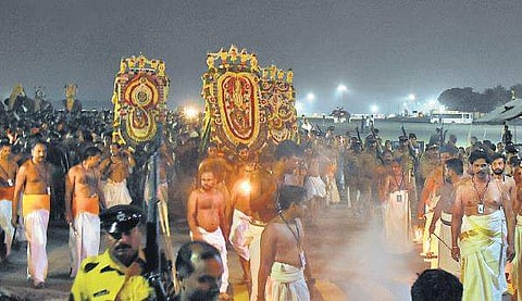 The Arattu procession from Sree Padmanabhaswamy Temple in connection with the Alpashi festival, proceeding to Shanghumugham Beach on Wednesday. Every year the airport remains closed twice - for the Painkuni festival and the Alpashi festival - when Arattu 