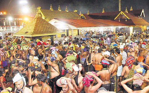 Heavy rush of pilgrims at Sannidhanam when Sabarimala Lord Ayyappa Temple was opened for the new pilgrimage season on Friday