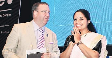 K Kavitha with Andrew Fleming, British Deputy High Commissioner, Hyderabad at ISB on Friday   | Sathya Keerthi