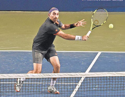 India’s Purav Raja in action in the Bengaluru Open final | vinod kumar t