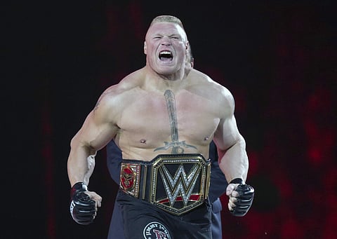 In this March 29, 2015, file photo, Brock Lesnar makes his entrance at Wrestlemania XXXI in Santa Clara, Calif. WWE is set to hold its Crown Jewel event Friday, Nov. 2, 2018, in Riyadh, Saudi Arabia. The lucrative deal with Saudi Arabia has prompted fans 