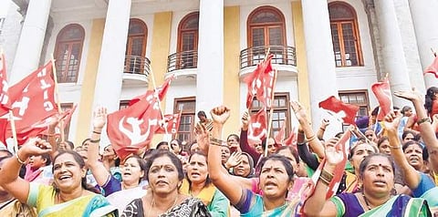 Earlier this year, members of Karnataka Rajya Anganawadi  Workers Association protested for their demands at Town Hall