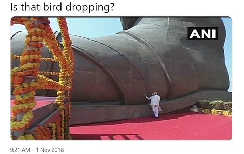 Divya Spandana  shared a picture of Prime Minister Narendra Modi, dressed in a white kurta, at the foot of the Sardar Patel ‘Statue of Unity’, with the caption, ‘Is that bird dropping’ on microblogging site Twitter.