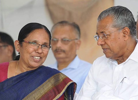 Kerala Minister for Health, Social Justice and Woman and Child Development  KK Shailaja with CM Pinarayi Vijayan (Facebook photo)