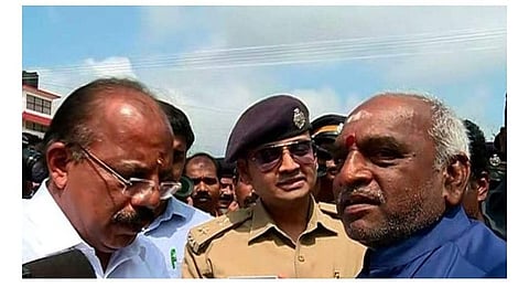 Tension prevailed at Nilakkal on Wednesday morning after Union Minister of State for Finance Pon Radhakrishnan argued with SP G H Yathish Chandra (Photo | Facebook/Ajnas Nasar)