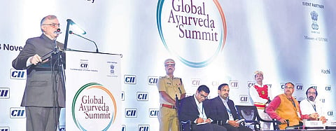 Governor P Sathasivam delivering the valedictory address of Global Ayurveda Summit organised by CII. John Kuruvila, Head, CII Kerala, Dr S Sajikumar, chairman, CII Kerala State Council, Dr D C Katoch, Advisor – Ayush, Govt of India and  Dr  E T Neelakandh