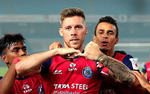 Jamshedpur FC players celebrate after scoring a goal. (Photo | Jamshedpur FC Twitter)