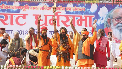 Seers preside over at VHP's  'Dharma Sabha' in Ayodhya. (Photo | Shekhar Yadav/EPS)