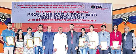 Minister G T Devegowda at the PES University foundation day ceremony where students were given scholarships, in Bengaluru on Saturday