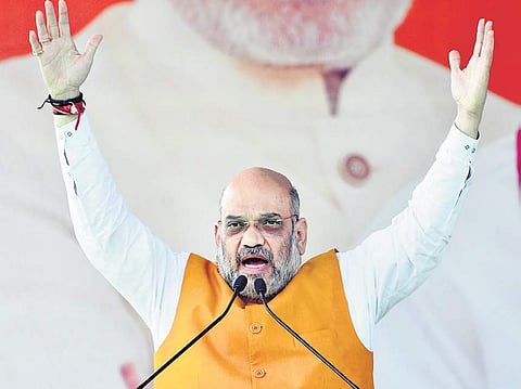 BJP chief Amit Shah at his public meeting in Warangal on Sunday  | Express