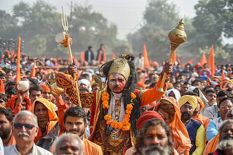 Supporters participate in Dharam Sabha being organised by the Vishwa Hindu Parishad to push for the construction of the Ram temple in Ayodhya, Nov. 25 2018. (Photo | PTI)