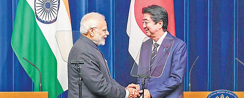 Prime Minister Narendra Modi with his Japanese counterpart Shinzo Abe after a Joint Press Statement in Tokyo. Modi was in Japan for a two-day visit from October 28 to 29 | pti
