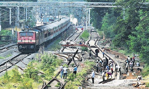 Works for third and fourth lines between Beach and Korukkupet moving at  a fast pace between Royapuram and Old Washerment station. | (Ashwin Prasath | EPS)