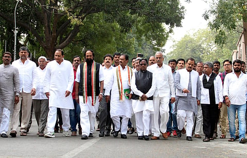 N Uttam Kumar Reddy, TPCC President Prof Kodandaram with other Prajakutami leaders at Raj Bhavan in Hyderabad (File Photo | EPS/Sathya Keerthi)