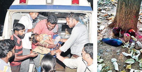 A young devotee being taken to hospital on Friday after she took ill on eating prasadam at Kichugatti Maramma Temple in Chamarajanagar district.(Right) A dead crow in front of the temple (File | Udayshankar S)