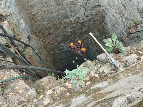 NDRF team go down the mine where 13 miners are still trapped. (Photo | PTI)