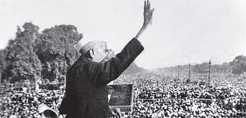Former Prime Minister Chaudhary Charan Singh addresses a massive rally at Boat Club near India Gate in 1978. (File Photo)