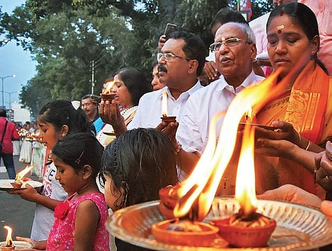 BJP state president P S Sreedharan Pillai,  O Rajagopal MLA and state general secretary Sobha Surendran participate in the Ayyappa Jyothi in T’Puram | B P Deepu