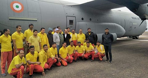 Odisha fire personnel who will be assisting in the Meghalaya coal miners rescuing (Photo | Twitter/ANI)