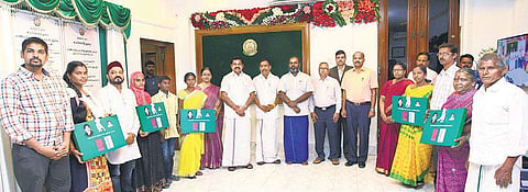 CM Edappadi K Palaniswami after giving away free saris and dhotis to families at the Secretariat | Express