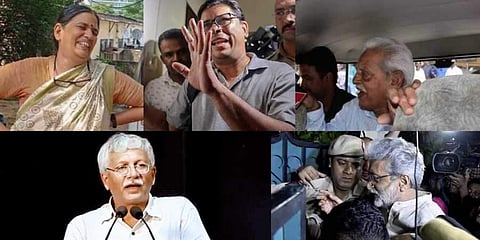 (T-B) Sudha Bharadwaj was arrested in Faridabad, Arun Ferreira in Mumbai, Writer Vara Vara Rao from Hyderabad, Journalist Gautam Navlakha from New-Delhi and 61-Year old Vernon Gonsalves from Mumbai. (File | Agencies)