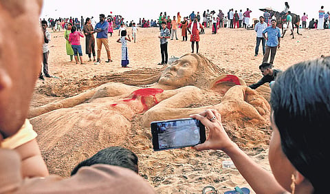 A sand art built in connection with the promotion of Women’s Wall scheduled to be held on Tuesday. The sand art was arranged by the DYFI at Shanghumugham Beach in Thiruvananthapuram on Sunday | B P Deepu