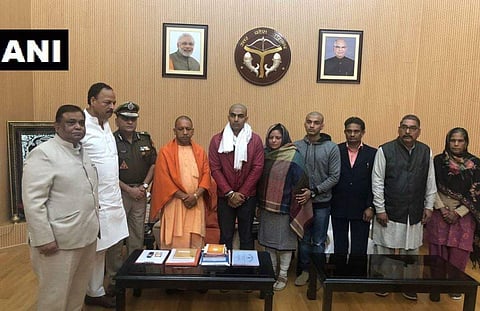 Family of Inspector Subodh Singh met Chief Minister Yogi Adityanath and UP DGP OP Singh at CM residence.  (Photo | Twitter/ANI)