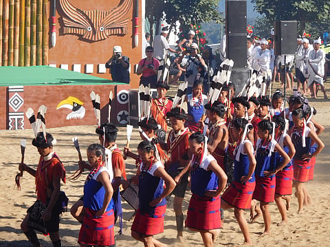 Naga tribal people perform their traditional dance during the Hornbill Festival in Kohima on Sunday | Express