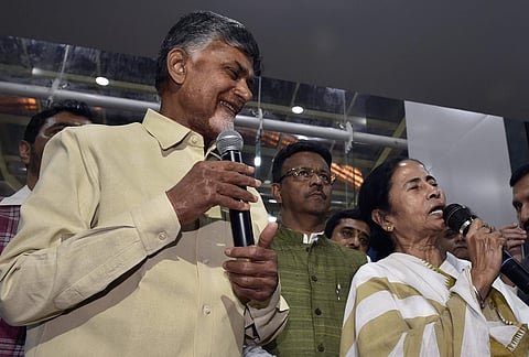 West Bengal Chief Minister Mamata Banerjee and Andhra Pradesh CM Chandrababu Naidu address the media after their closed door meeting at Nabanna in Kolkata. | (File | PTI)