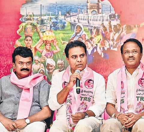 K T  Rama Rao addressing a press conference at Telangana Bhavan, in Hyderabad on Saturday | VINAY MADAPU