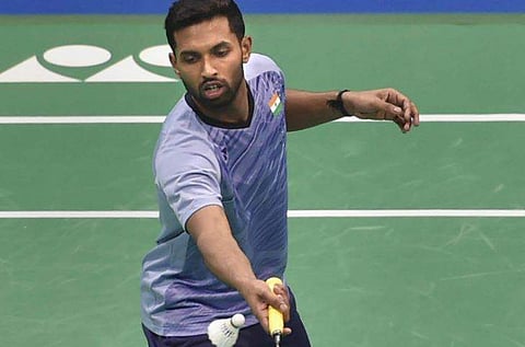 Indian badminton player H S Prannoy in action against Shreyansh Jaiswal during men's singles tournament at the Dr Akhilesh Das Gupta India Open 2018 at Siri Fort Indoor Stadium in New Delhi on Wednesday. | PTI
