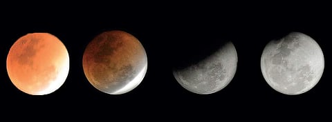 For the first time in 35 years, a blue moon synced with a supermoon and a total lunar eclipse on Wednesday. A combination of pictures show the different phases of the Moon —  blood moon (a moment during an eclipse when the moon appears red), during the ec
