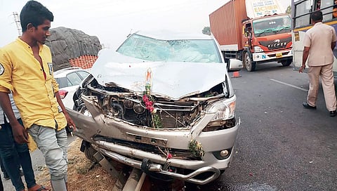 TJAC chief Kodandaram’s car mangled in an accident on Hyderabad-Vijayawada  highway  on Sunday | Express