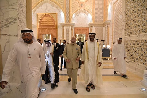PM Modi with HH Sheikh Mohammed bin Zayed Al Nahyan (Photo | Twitter@narendramodi)
