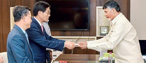 Chief Minister N Chandrababu Naidu meets Kia Motors representatives at the State Secretariat on Wednesday | Express