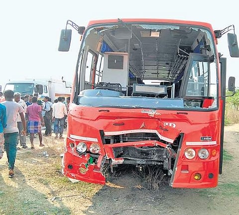 Mangled remains of the mini truck and private bus, which collided on the Chennai-Bengaluru Highway near Thamal  in Kancheepuram district on Sunday | Express