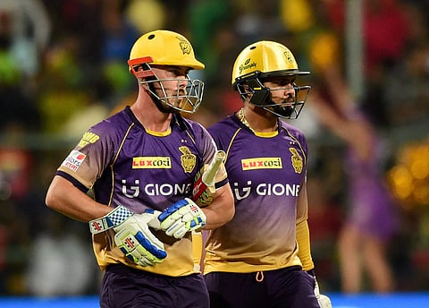 Kolkata Knight Riders' Sunil Narine and Chris Lynn during the IPL match against Royal Challengers Bangalore at Chinnaswamy Stadium in Bengaluru. | PTI File Photo