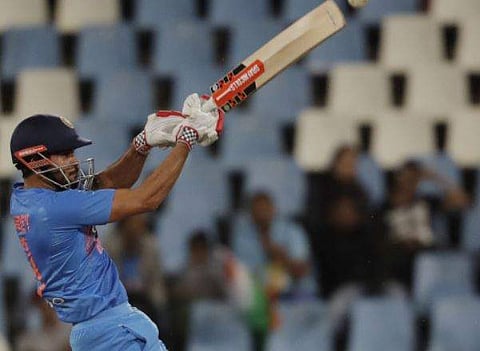India's batsman Manish Pandey plays a shot during the second T20 cricket match between South Africa and India at Centurion Park in Pretoria, South Africa, Wednesday, Feb. 21, 2018. | AP