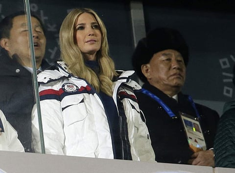 Ivanka Trump, front left, U.S. President Donald Trump's daughter and Kim Yong Chol, vice chairman of North Korea's ruling Workers' Party Central Committee, right, watch the closing ceremony of the 2018 Winter Olympics in Pyeongchang, South Korea, Sunday, 