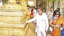 Mauritius Vice-President Pillay Vyapoory and his wife at Sri Venkateswara Temple in Tirumala on Tuesday | Express