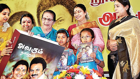 Granddaughters of M K Stalin and his wife Durga, receiving the first copy of a  book penned by Durga, from Kumara Rani Meena Muthaiah, the founder of Chettinad Vidyashrams, in Chennai on Tuesday | D SAMPATHKUMAR
