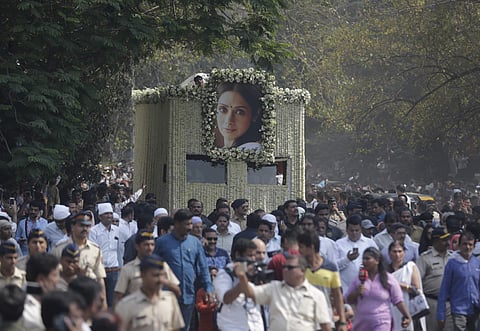 The late actress Sridevi has begun her final journey as her mortal remains are being taken for cremation at Seva Samaj Crematorium and Hindu Cemetry in Mumbai's Vile Parle area.  (Photo | AP)