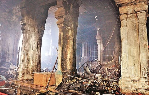 The East Tower of Meenakshi Temple, Madurai which was engulfed in fire. (File photo | EPS)
